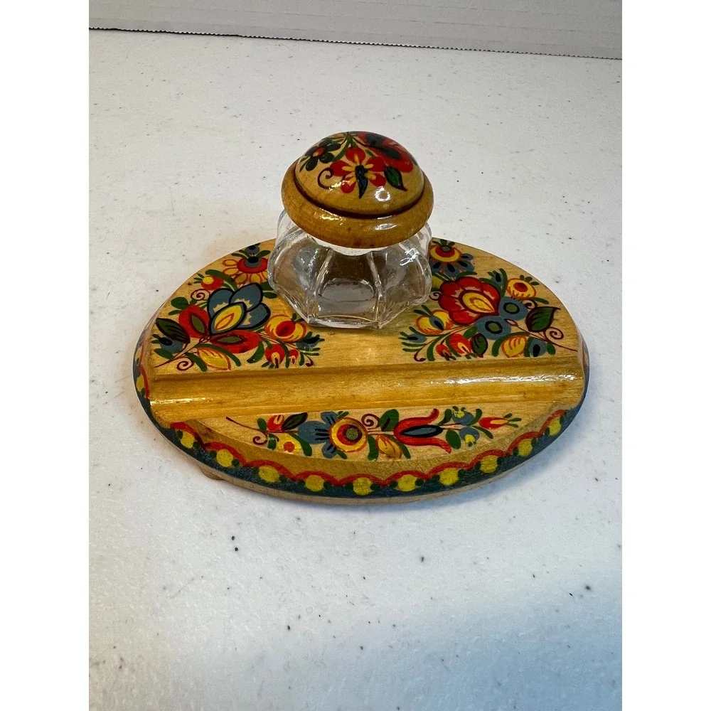 Vintage Russian Khokhloma Hand Painted Wood Inkwell Stand Glass Pot Floral Folk